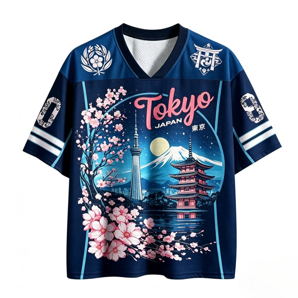 Tokyo Cherry Blossom Mount Fuji 3D-Druck, atmungsaktiv, schnell trocknend, für Männer und Frauen, V-Ausschnitt, T-Shirt, Outdoor, Freizeit, Mode, Eltern-Kind-Kleidung – Detail 5