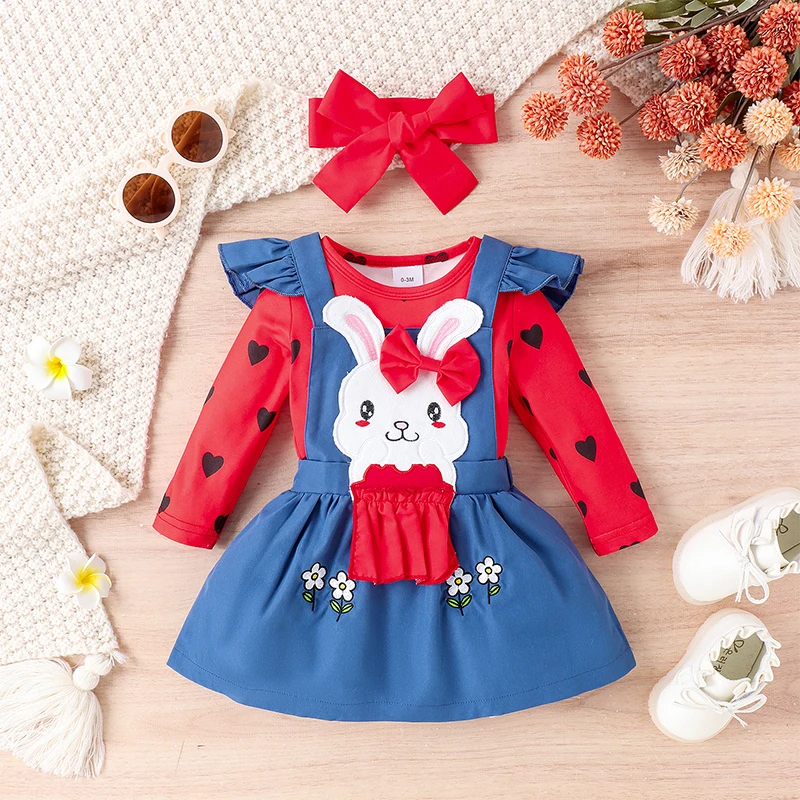 

Baby Girl Easter 3Pcs Outfit Heart Print Long Sleeve Romper with Bunny Embroidery Overall Dress and Bow Headband