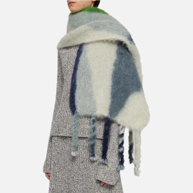 2025 شتاء جديد التجارة الخارجية قوس قزح حجم مخطط شرابة المرأة وشاح الاسلوب المناسب تقليد الكشمير الملونة مخطط وشاح