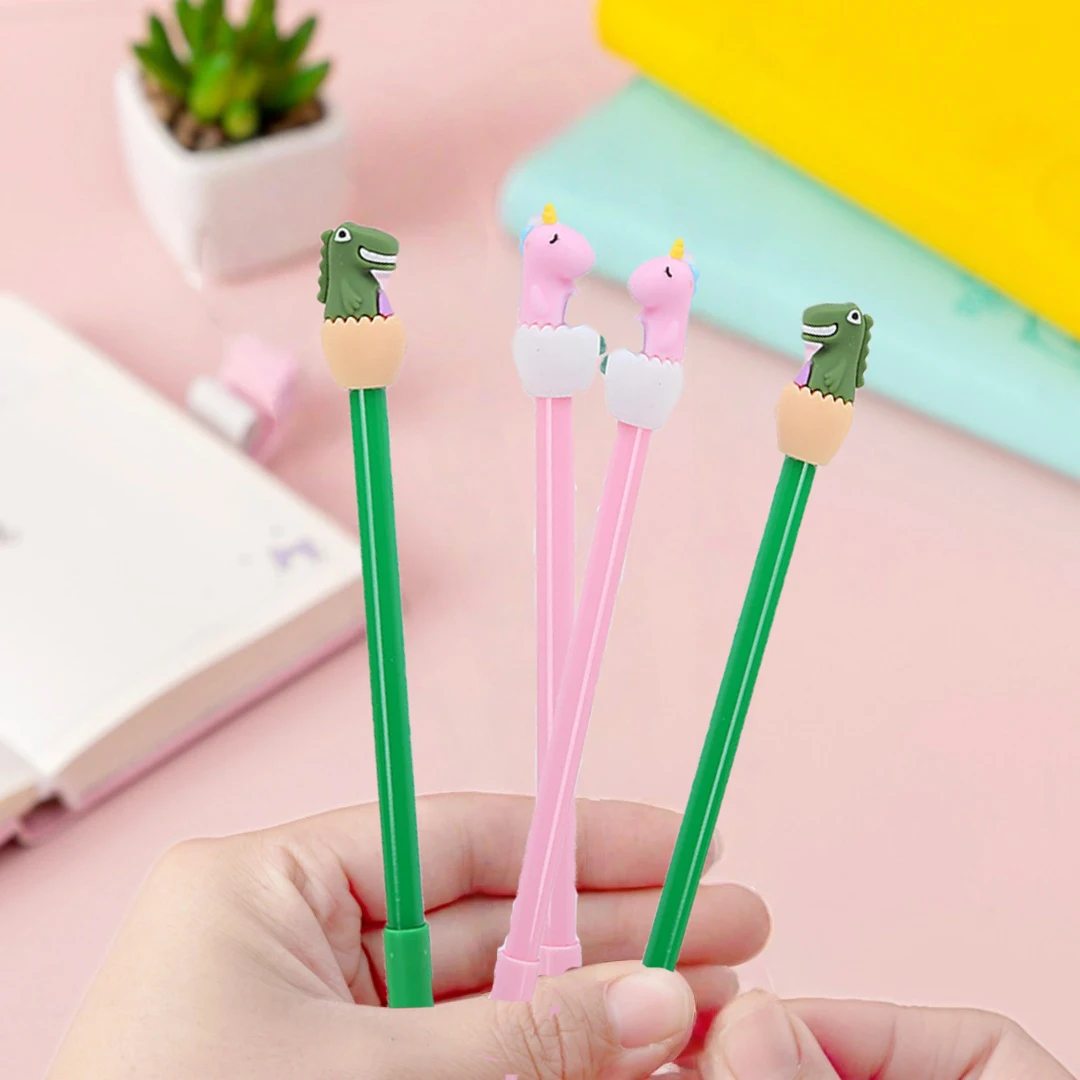 2pcCute Dinosaur Unicorn Baby Ballpoint Pen - Cartoon 3D Silicone Pen Cap 0.5mm Black Ink Writing Pen, Suitable for School Offic