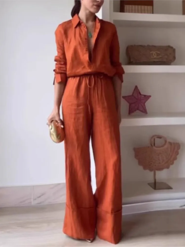 

Spring And Summer New Simple Solid Color Shirt Pocket Trousers Set Casual Lace-up Trousers Long-sleeved Top Two-piece Set