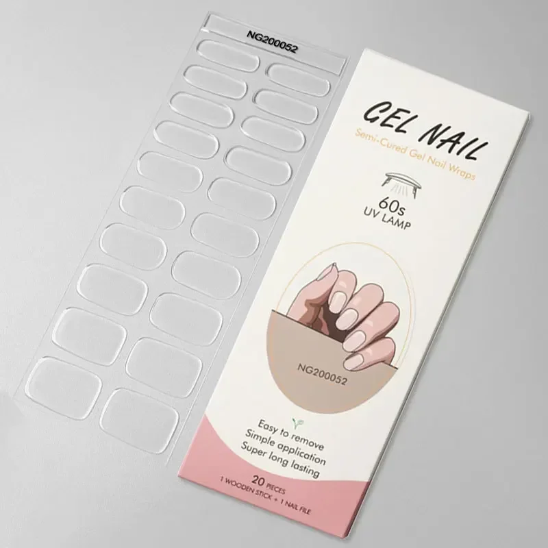 16/20Tips Semi-Cured Gel Nail Wraps Flash Solid Adhesive Waterproof Long Lasting DIY Gel Nail Stickers UV Lamp Need