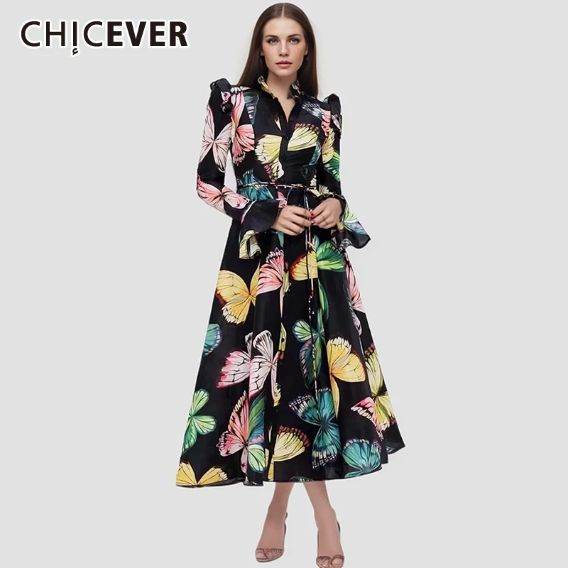 

CHICEVER Print Vintage Dress For Women Round Neck Long Sleeve High Waist Slimming Spliced Lace Up A Line Dress Female 2024 New