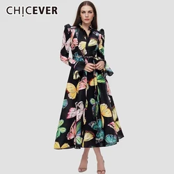 CHICEVER Print Vintage Dress For Women Round Neck Long Sleeve High Waist Slimming Spliced Lace Up A Line Dress Female 2024 New