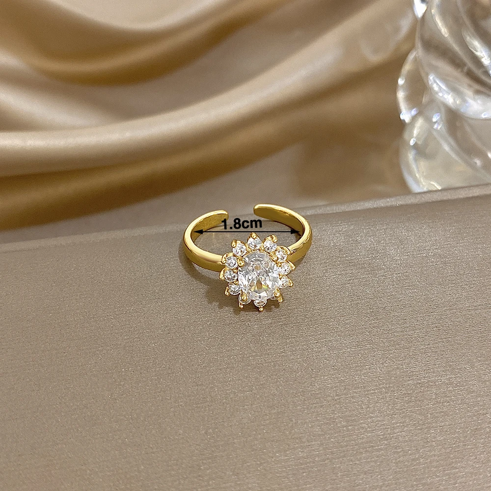 DODOHAO Exquisite Sparkling Zircon Flower Open Ring Women Luxury Gold Plated Adjustable Knuckle Ring Wedding Bridal Jewelry Gift