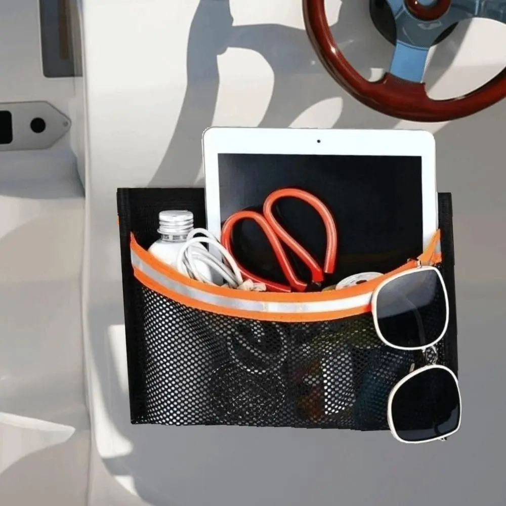 Portable Boat Storage Mesh Bag Removable Easy to Install Marine Organizers with Reflective Strips Multi-Purpose