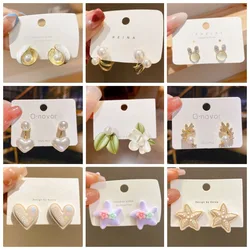 Korean Fashion Pearl Drop Earrings for Women Crystal Love Heart Flower Petals Elegant Sweet Girls Ear Jewelry aretes de mujer