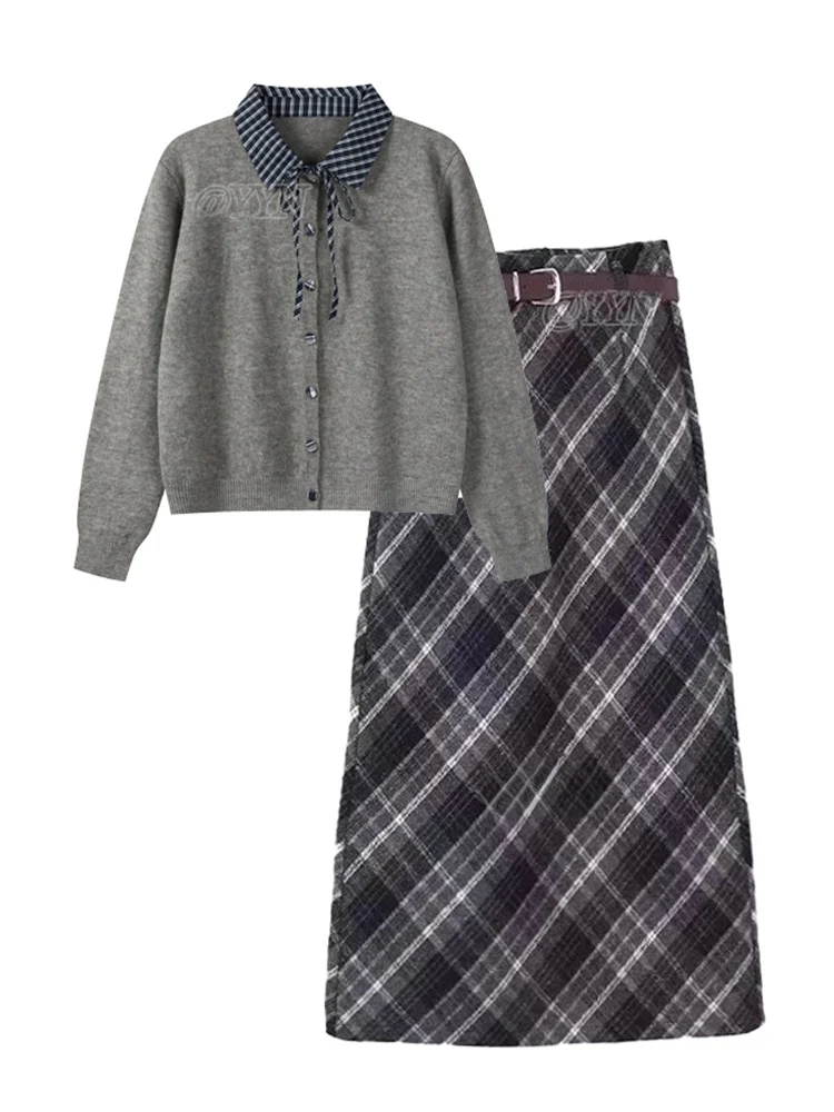 秋冬ルーズフィットチェック柄ニットセーターコート、襟付きパッチワークデザイン、プラスサイズレディースファッションカジュアルアウトフィットセット