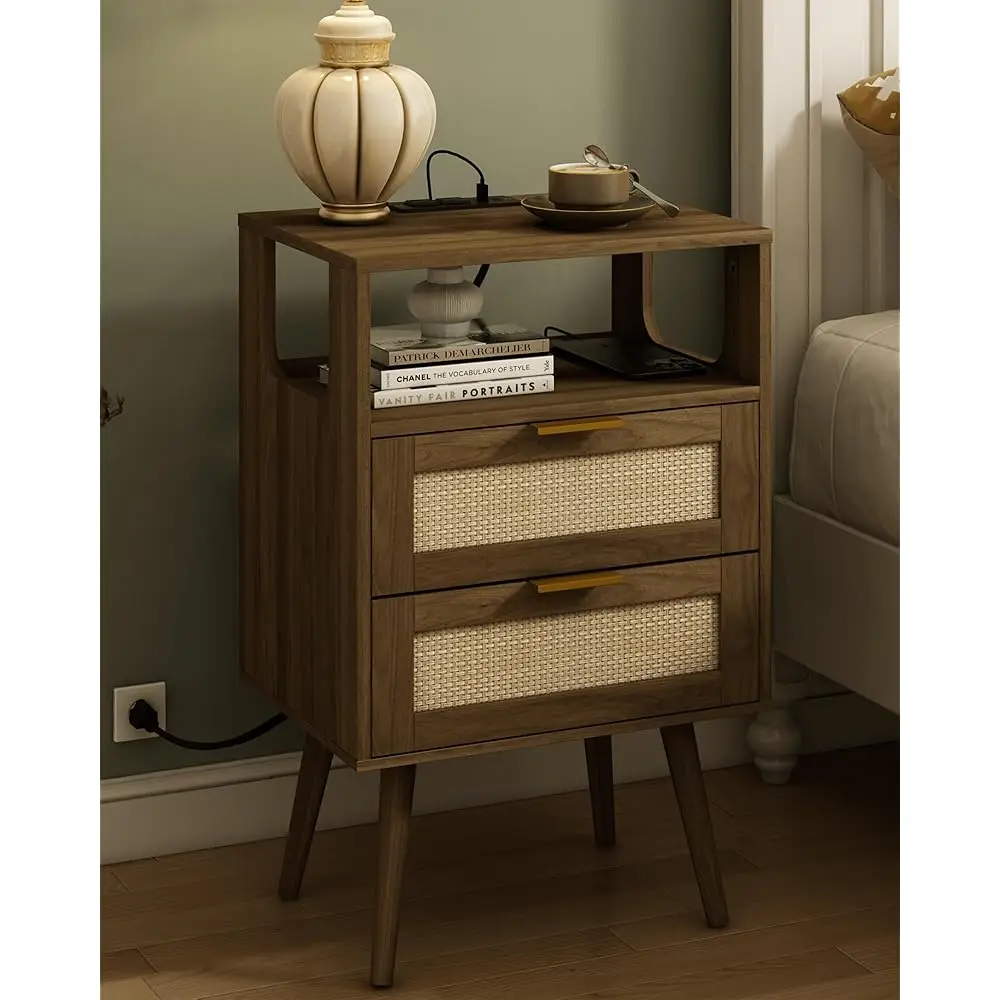 

Rattan Nightstand With Charging Station,Modern Bedside Table With 2 Storage Drawer And Open Wood Shelf, For Bedroom And Small