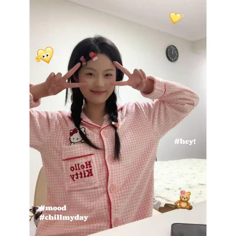 

Spring/autumn 2Pcs Yellow Checkered Kitty Cat Pajamas Set for Women Kawaii Pink Cartoon Lapel Long Sleeve Long Pants Outfit