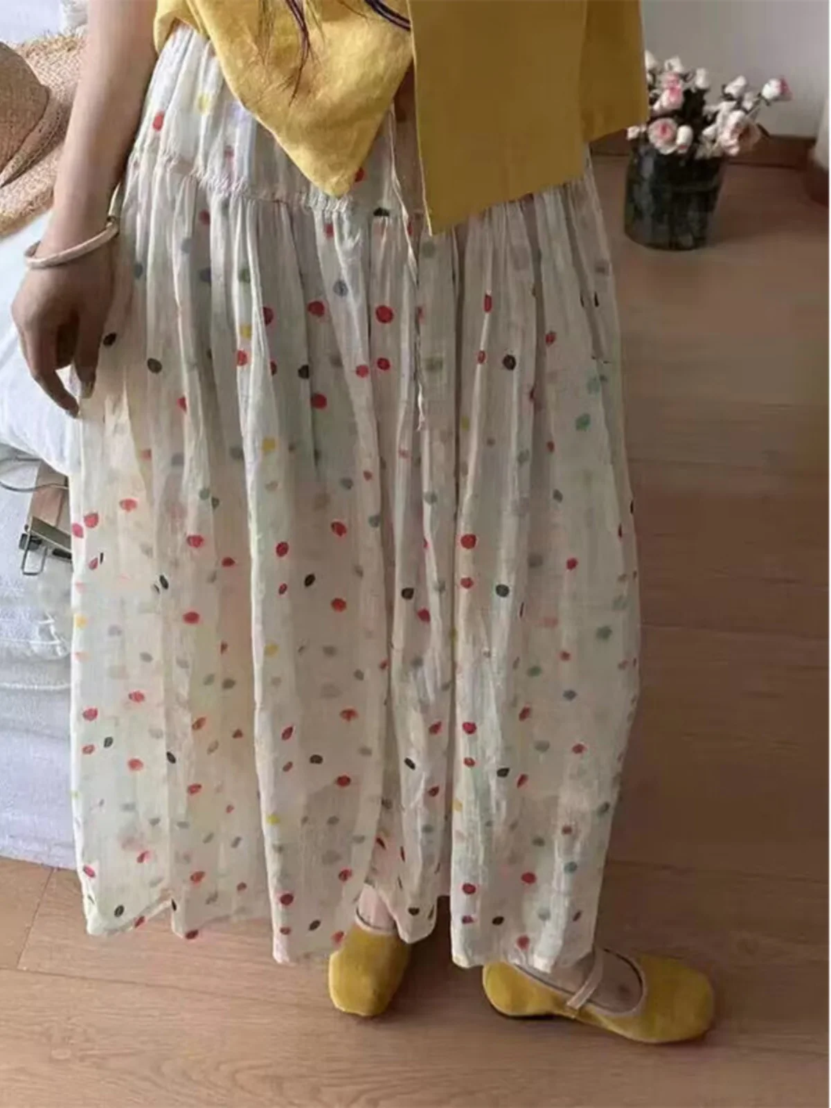 

Summer High Waist A-Line Midi Skirt Women's Japanese Sle Dot Linen ter Ne Print Commute Vintage Skirt