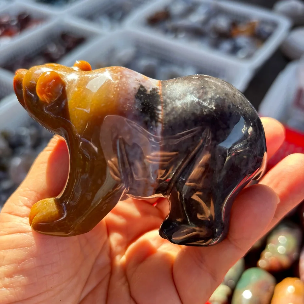 Natural Ocean Jasper Bear Figurine Hand Carved Crystal Polar Bear Statue Healing Stone Home Desktop Animal Collection Decor Gift