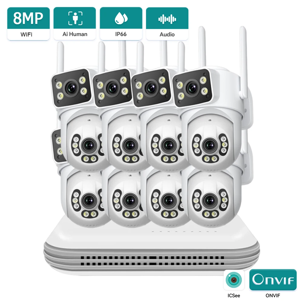 8MP 10CH CCTV System WiFi Camera NVR Kit Security  Auto Tracking Detection Audio IP Cameras Dual Lens Wireless Surveillance Set