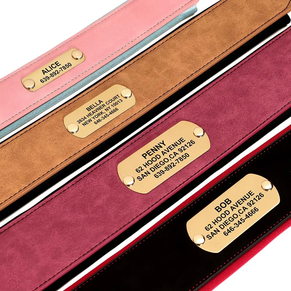 Coleira de couro personalizada, coleiras macias, largas e acolchoadas para cães médios e grandes, placa de identificação gravada grátis, acessórios