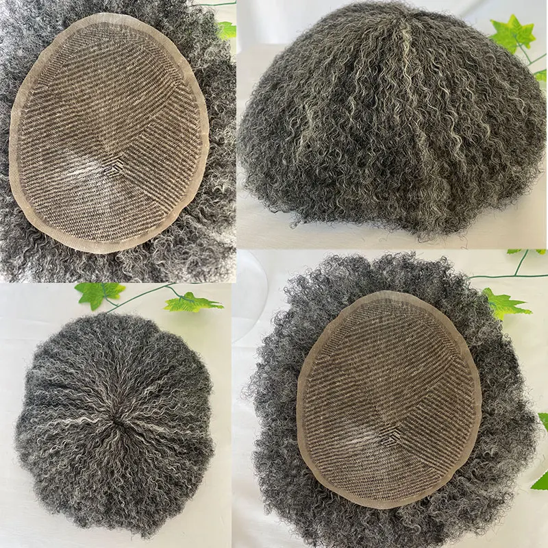 Rambut palsu keriting Afro gelombang 360 untuk pria rambut palsu pria renda penuh Swiss 1B50 rambut manusia abu-abu 4MM 10x8 inci sistem rambut