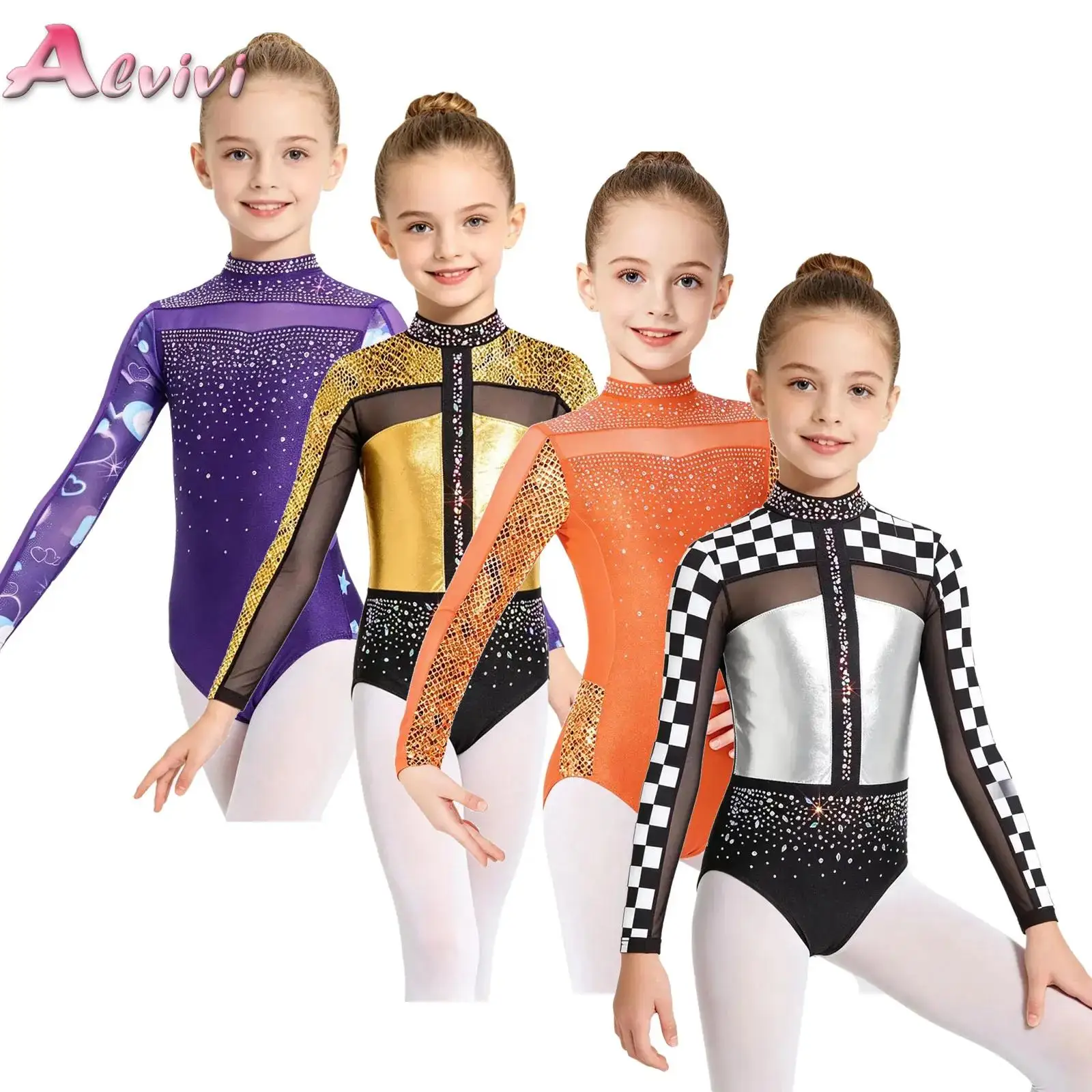 

Kids Girls Sparkle Rhinestones Gymnastics Dance Leotard Long Sleeve Color Block Athletic Bodysuit for Figure Skating Performance