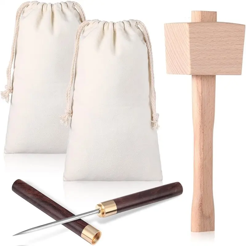 

AWAH Reusable Canvas Crushed Ice Bags(4 Pieces), Bag And Ice Mallet Set With Wooden Handle Hammer- For Bar For Bartending Tool K