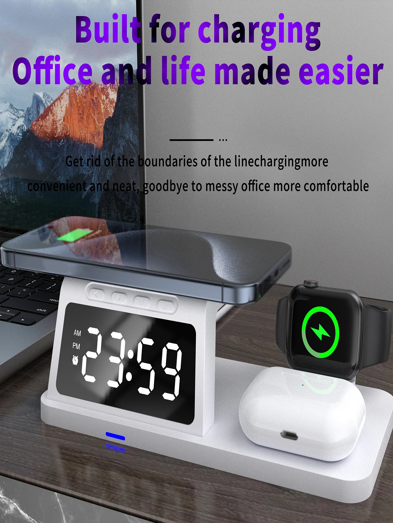 Three-in-One Wireless Fast Charger Desktop Clock Alarm Clock Watch Headset Wireless Charging