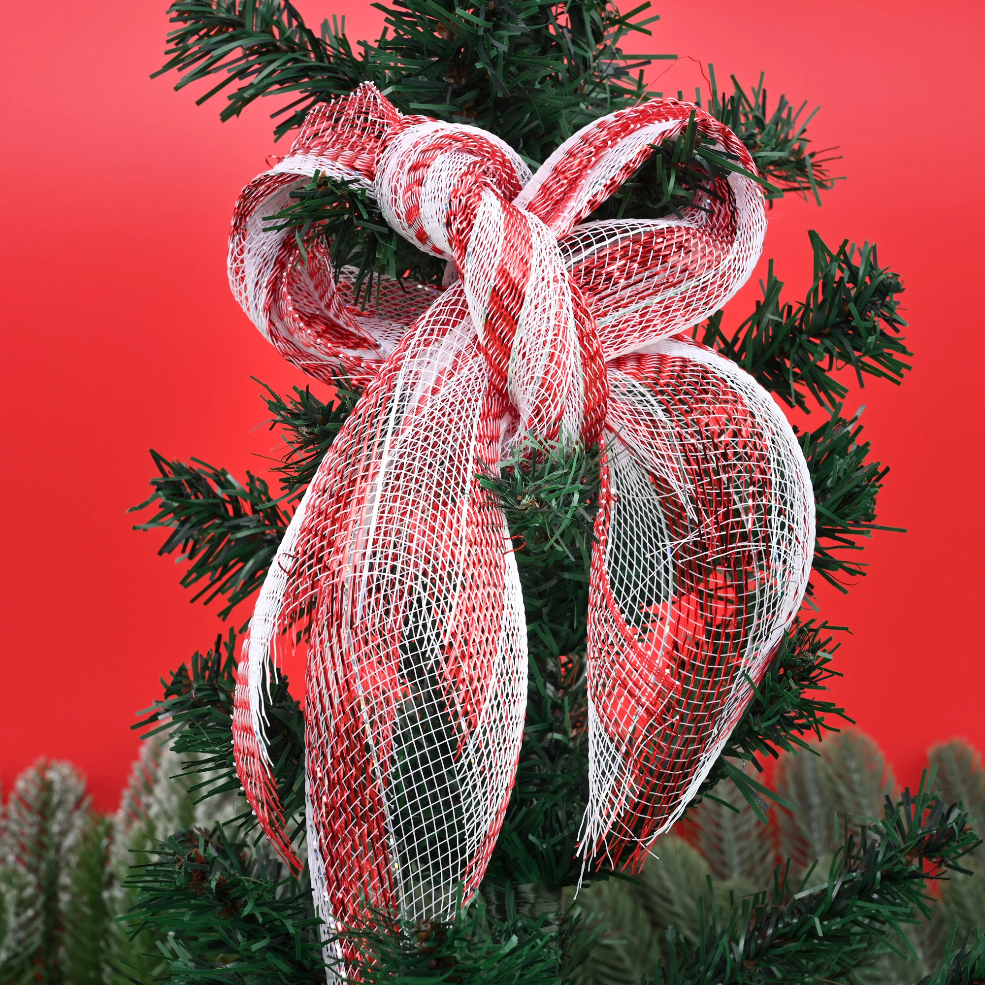 1roll Mesh Red White Striped Mesh Ribbon Christmas Diy Decor Tree Decor Hanging Ornament Candy Canes Christmas Gift Packing