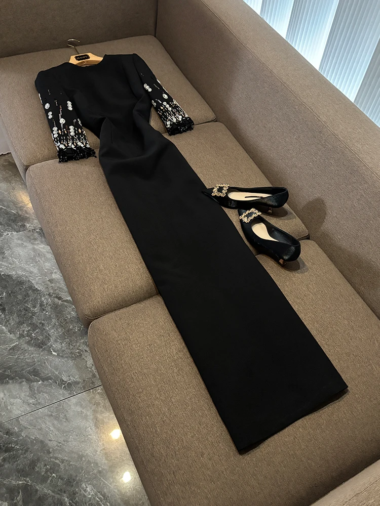 Ele Faion longue Dr lourd embelli diamant coupe ajustée robe de soirée trajet Sle taille moyenne t-shirt fibre d'acétate