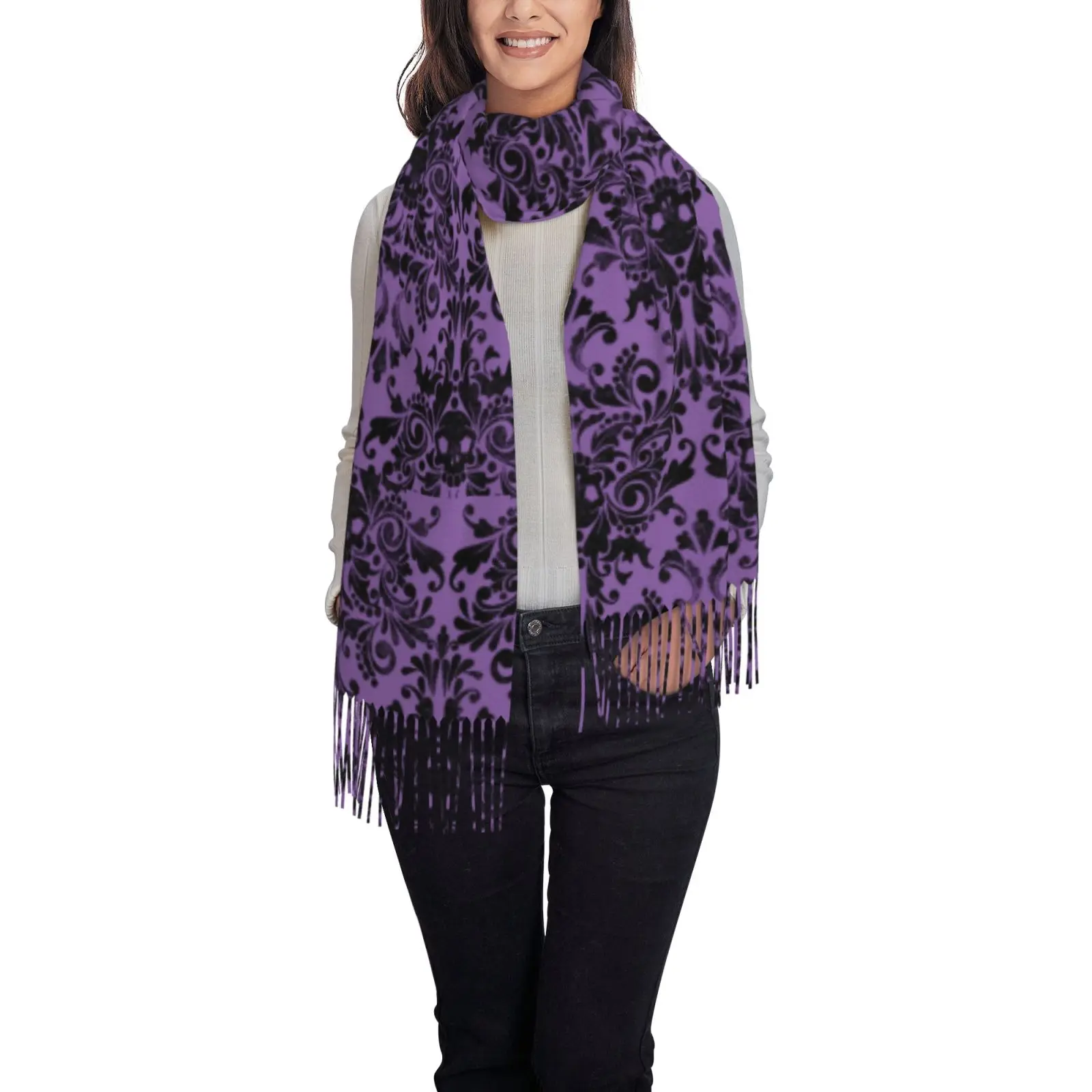 Purple Damask Skull Floral Print Women Shawl Scarf, Vintage Gothic Pattern Tassel Wrap, Soft Warm Oversized Cape