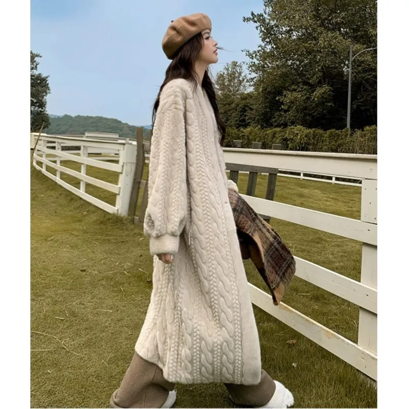 Winter Light Khaki Embossing Twist Pattern Faux Mink Fur Coat CHIC Women Below Knee Full Sleeve Loose Warm Long Jacket Outercoat