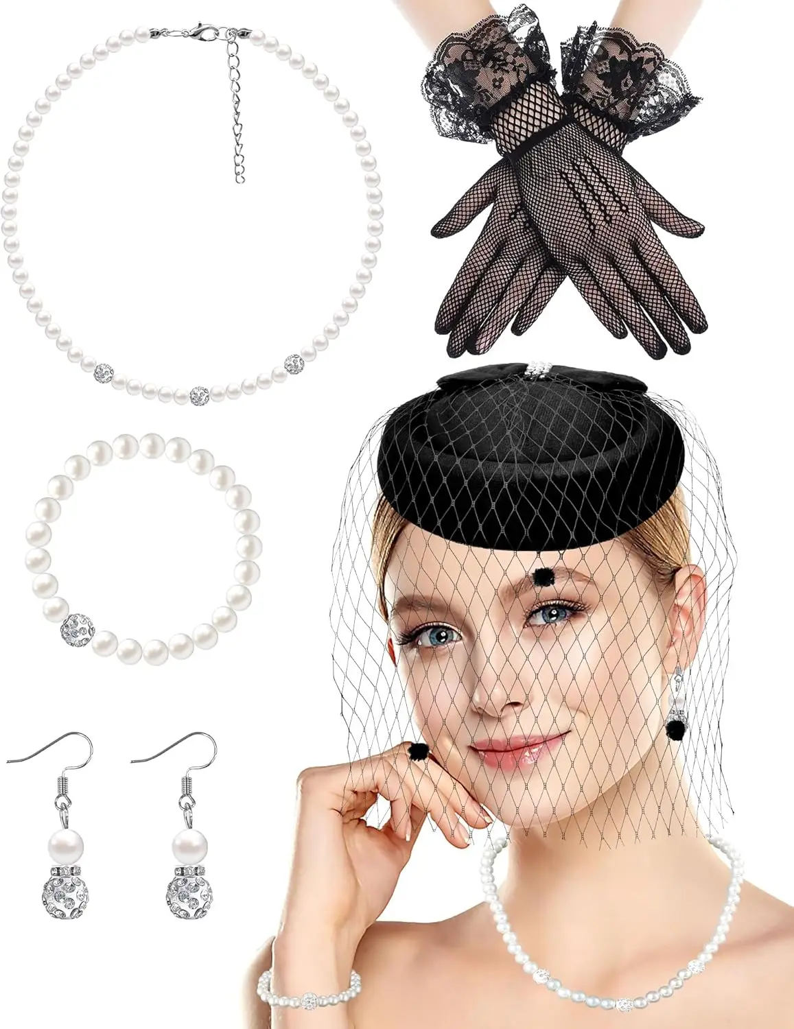 

Vintage Pillbox Hat with Veil Pearl Top Hat for Women Cocktail Party Wedding