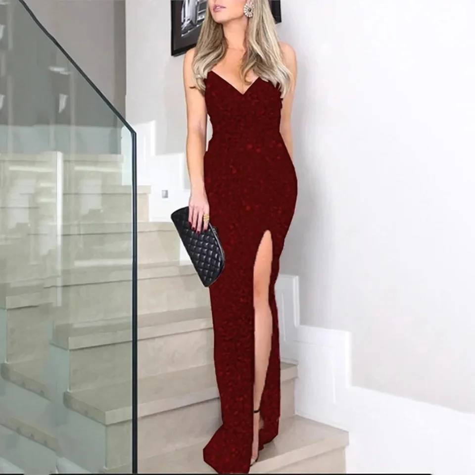 Sexy Party Dress Women's Strap Sequin Split Monochromatic  Dress Summer New