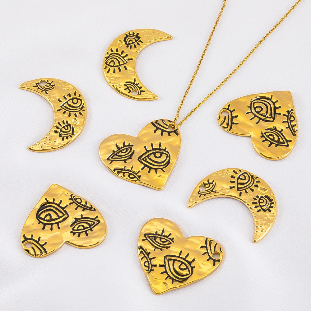 

2 шт., позолоченный кулон в виде лунного сердца из нержавеющей стали, гравировка сглаза для DIY, ожерелье, серьги, ювелирные изделия, аксессуары