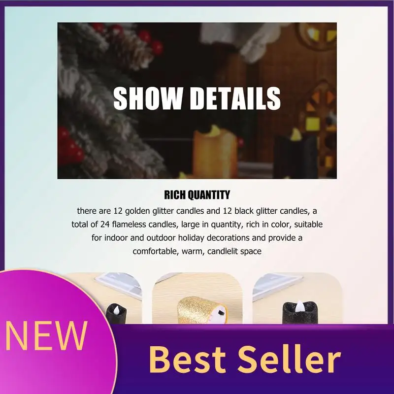 ABHI-24 Packs Gold Flameless Votive Candles Black Glitter LED Tealights Battery Operated Tea Lights Warm Yellow Light Holder