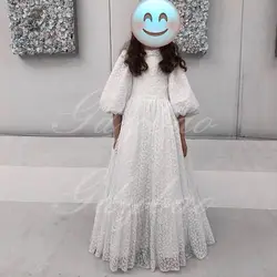 White Balloon Sleeve Flower Girl Dresses for Wedding Hollow Out Lace Milk Lace Kids Baby Pageant First Communion Ball Gown