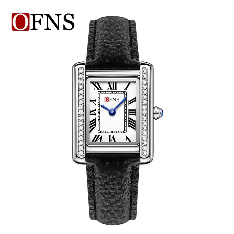 OFNS-Montre-bracelet rectangulaire en cuir et acier inoxydable pour hommes et femmes, montres-bracelets à quartz pour couple, diamant de luxe, cadeau pour fille, 1509, 1520