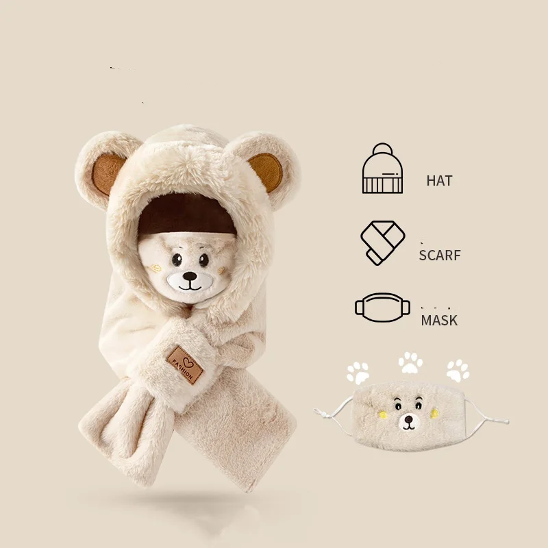 Winter Korean Style Pullover Warm Cotton Fleece Ear Protection One-piece Cap Cute Bear Cap Scarf with mask Three-piece Set