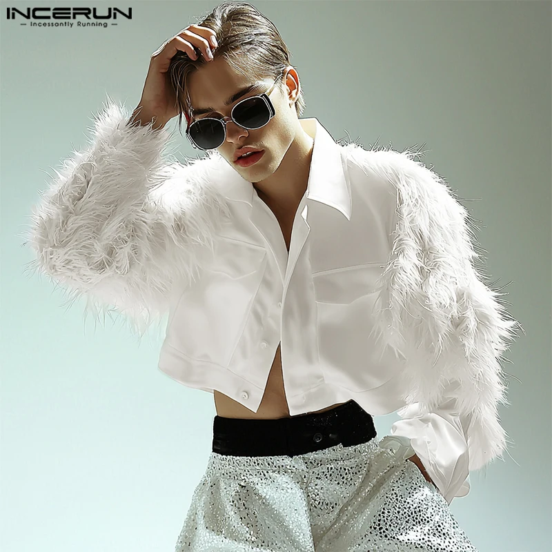 INCERUN Tops 2024 American Style Men's Fashion Loose Solid Feather Splicing Design Shirt Sexy Casual Cropped Long Sleeved Blouse