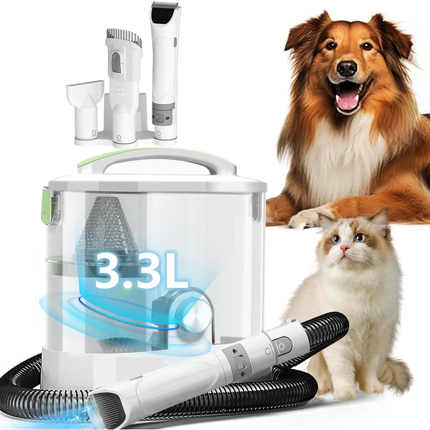 Dog grooming vacuum cleaner with 4 heads for pet grooming. Vacuum brush for shedding grooming dogs and household pet fur