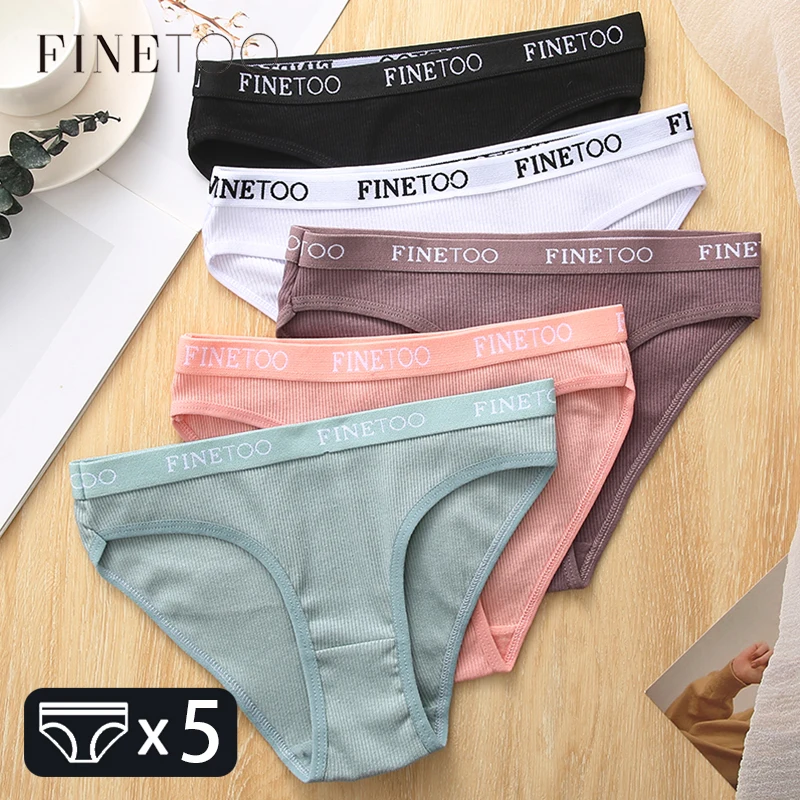 FINETOO 5Pcs/set Cotton Panties Women M-2XL Solid Color Letter Underwear Ladies Low Waist Briefs Plus Size Underpants Lingerie