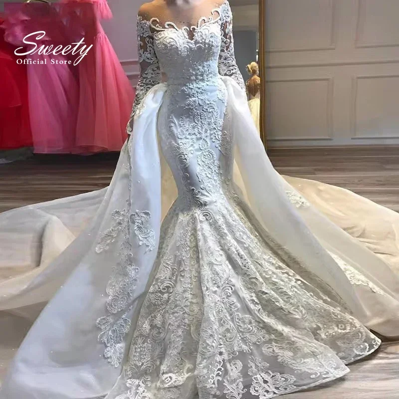 Glitter Detachable Train Wedding Dress Lace With Embroidery Beading Mermaid Ballgown Customized O-Neck Vestido De Novia Bride