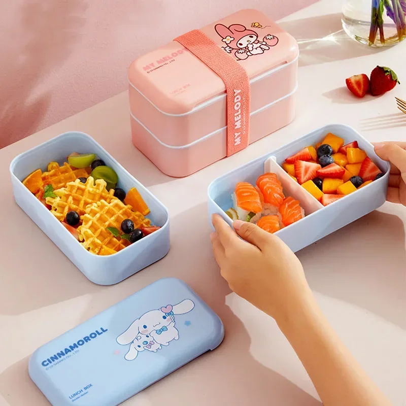 

Sanrio Kawaii Hello Kitty Lunch Box Cinnamoroll Cartoon Students Large Capacity Double Decked Lunch Box Microwave Oven Heatable