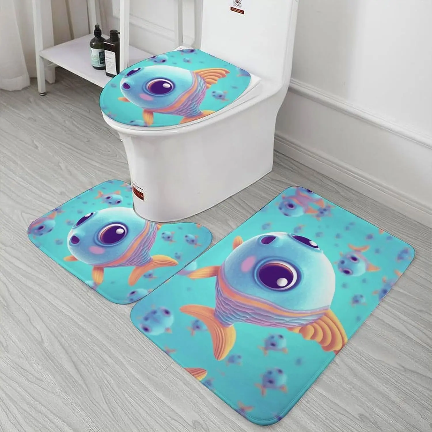 3 Piece Bath Rug Set Non Slip Absorbent Bath Mat Contour Mat with Toilet Lid Cover Cute Fish Soft Floor Mats for Bathroom