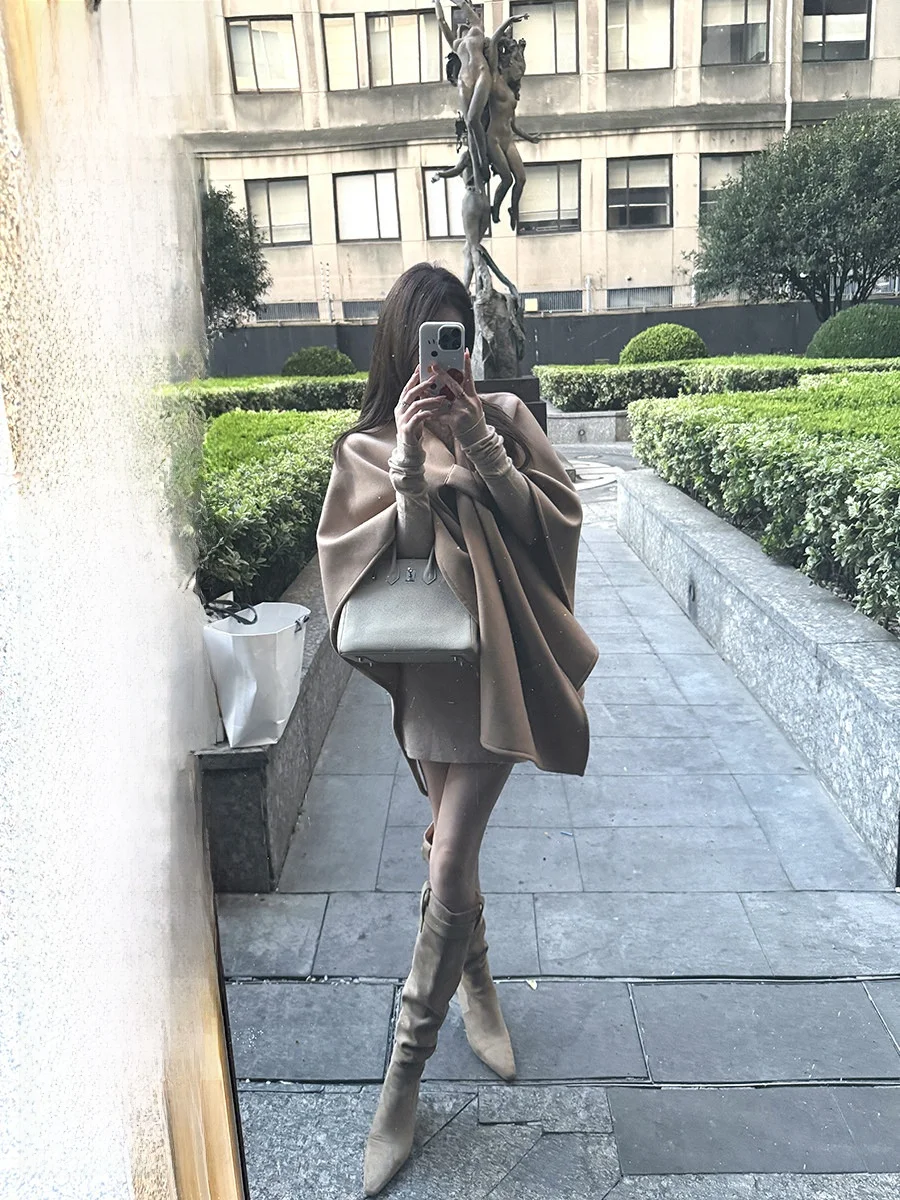 

NAOAO Double-Sided Woolen Coat Ele Autumn Winter Aosphere King awl Cowl Ne Wrap Faionable Ladies' Outerwear