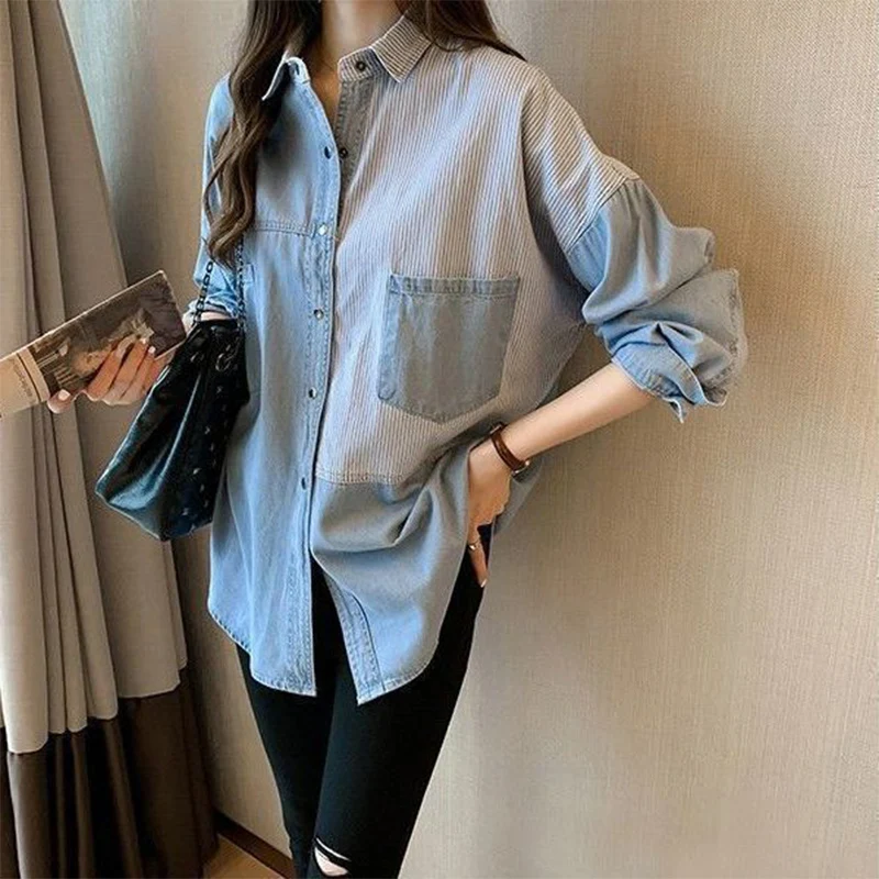 Spring Autumn Casual Fashion Striped Patchwork Denim Shirt Lady Long Sleeve Loose All-match Button Up Blouse Top Women Cardigan