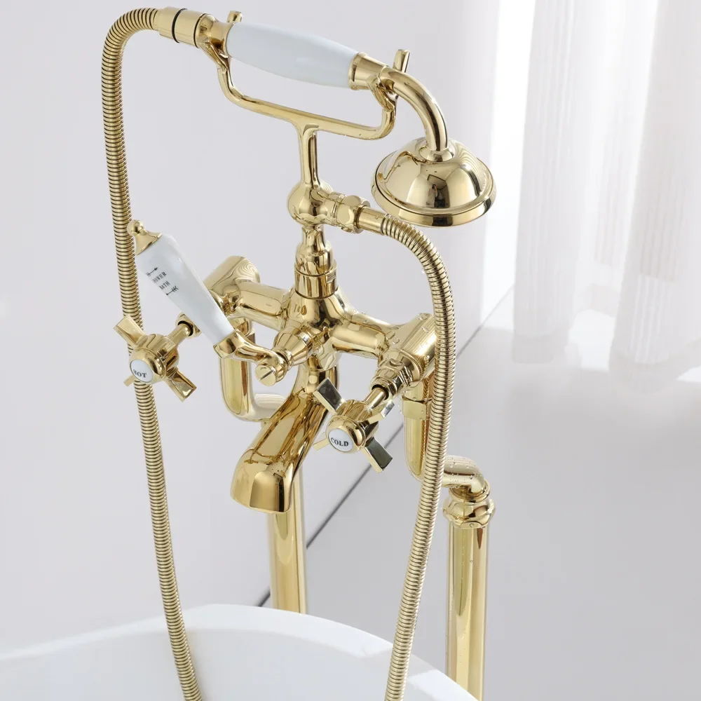 Gold Bathtub Faucet Set Floor Decked Brass Classical Bathtub Mixer European Style Bathroom Taps