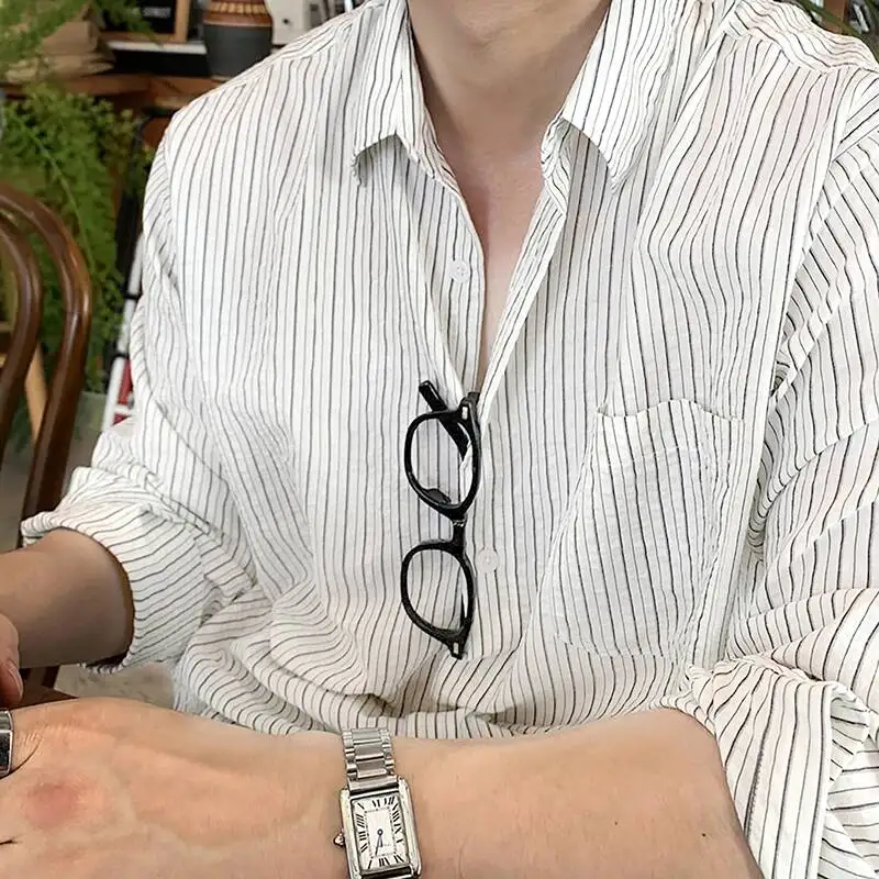 Striped Vintage Men's Shirt Vertical Stripe Pattern Long Sleeve Button Down Chest Pocket Casual Premium Blouse 6QZ8