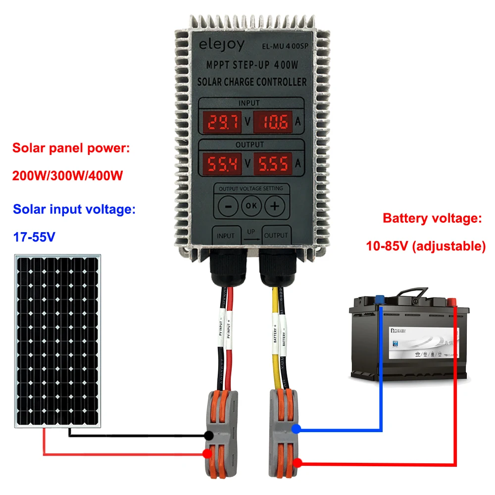 400W Step-up/Step-down MPPT Solar Battery Charge Controller Input 17v-55V Output 10V-85V Real-time Tracking LED Display Adjustab