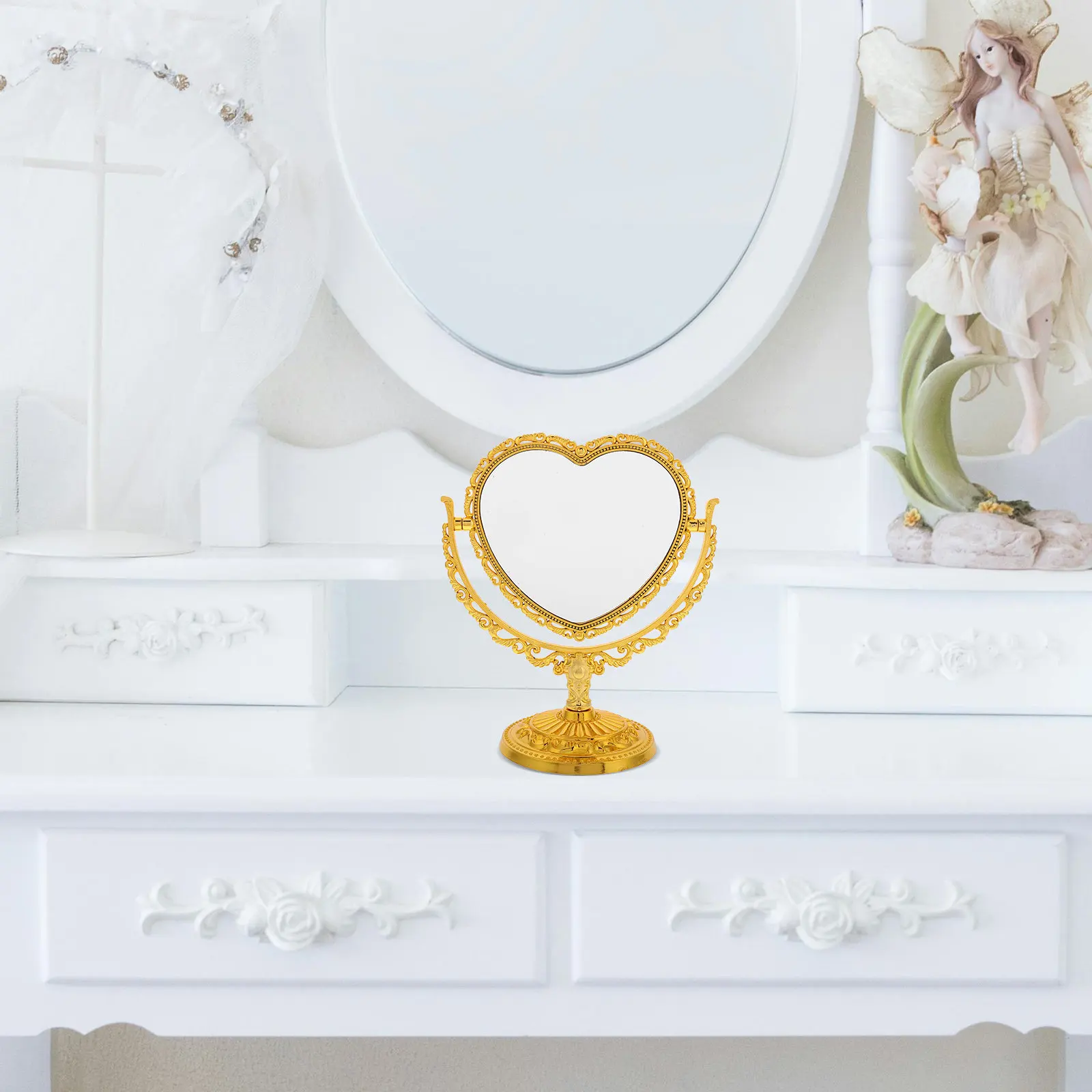 Small Heart Shaped Mirror Vintage Design Vanity Mirror for Bedroom Bathroom Dresser Desk Decor Makeup Tool