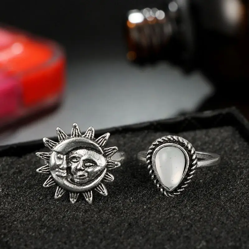 14pcs/set Punk Gothic Ring Set Moon Star Flower Leaves Crystals Ring Band Gift for Boyfriend Drop Shipping