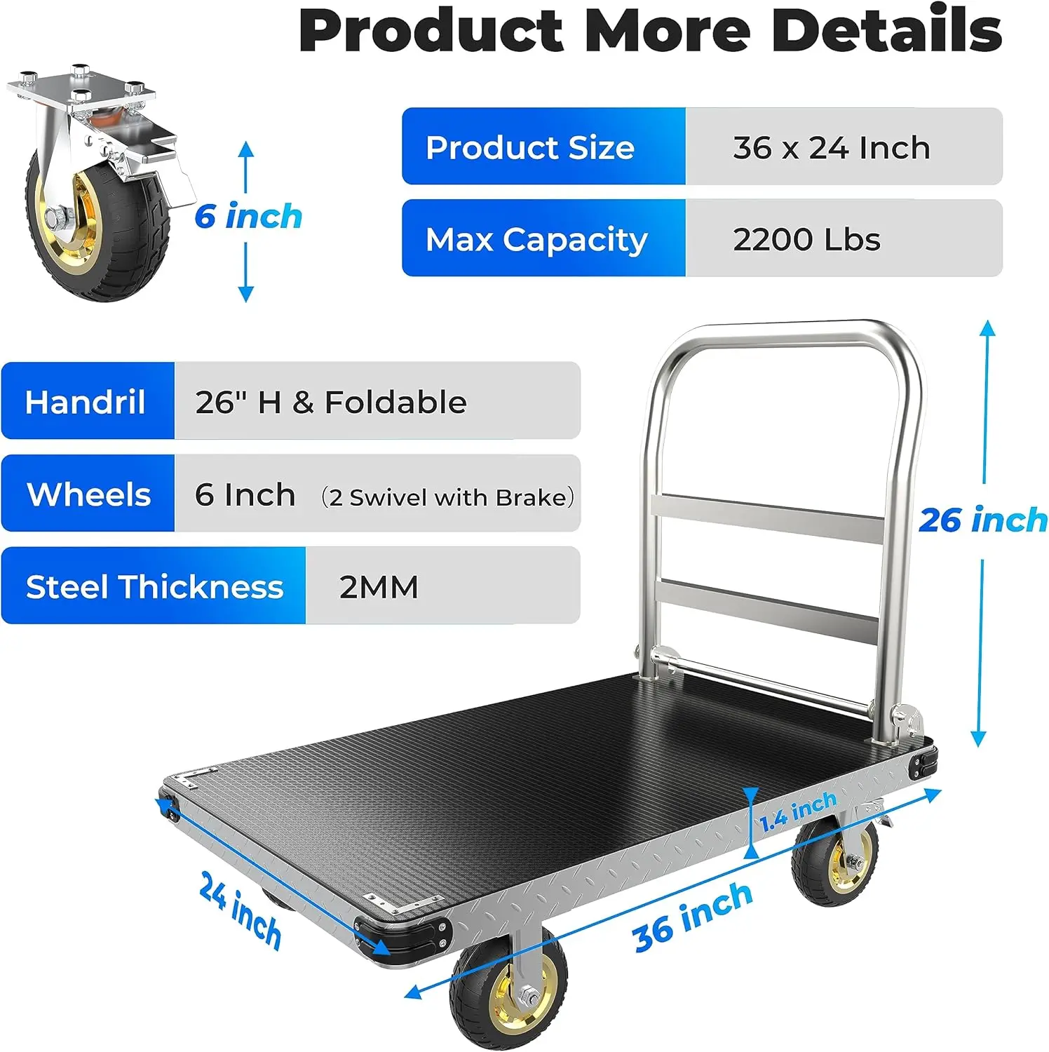 Platform Truck with Reinforced Bottom Suppor  with 6'' Swivel Brake Wheels, Foldable Push Cart Dolly with Rubber Mat