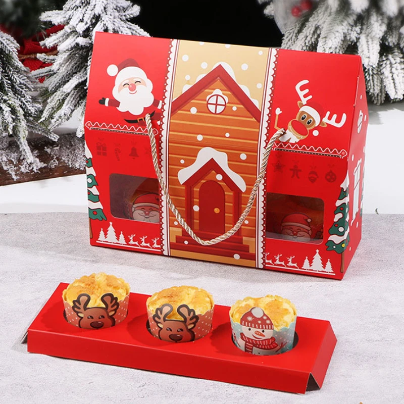 5-20 PCS Christmas Muffin ของขวัญกล่องใส่3 Grid Cupcake บรรจุภัณฑ์แบบพกพา House Takeaway Holiday Wrapping ขายส่ง Pastry