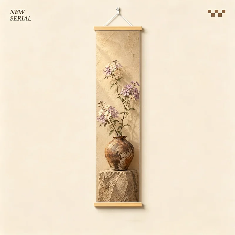 Wall Decor Phlox and Black Eyed Susan, Natural Wabi-Sabi Botanical Silver Shimmer Canvas Hanging Scroll for Zen Sanctuary