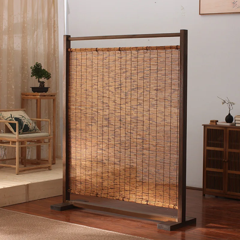 Tea room screen partition solid wood entrance door living room modern simple Chinese hotel cafe reed roller shutter screen